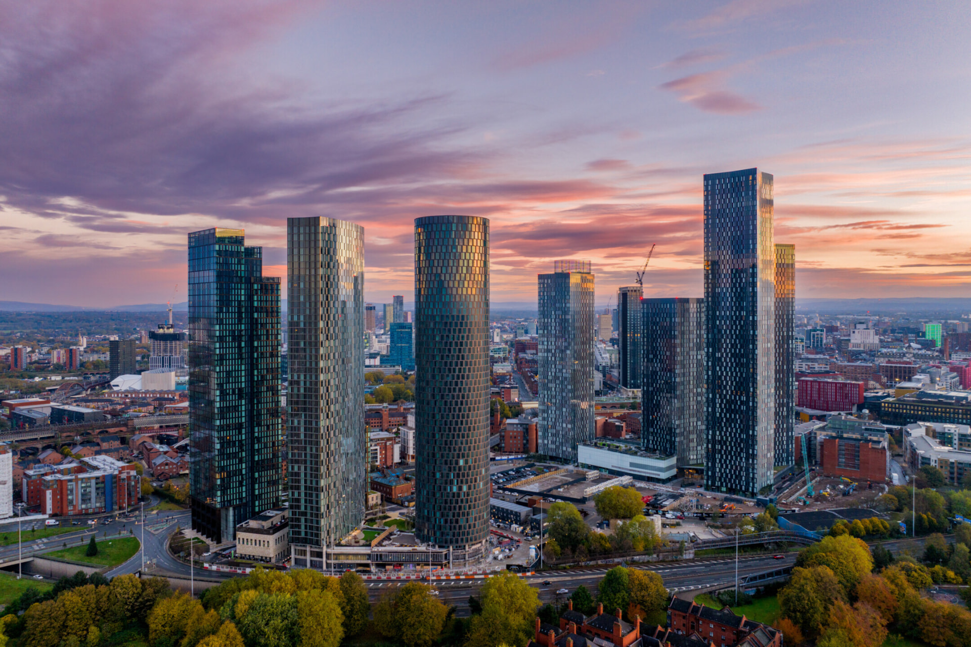 Manchester city skyline at sunset